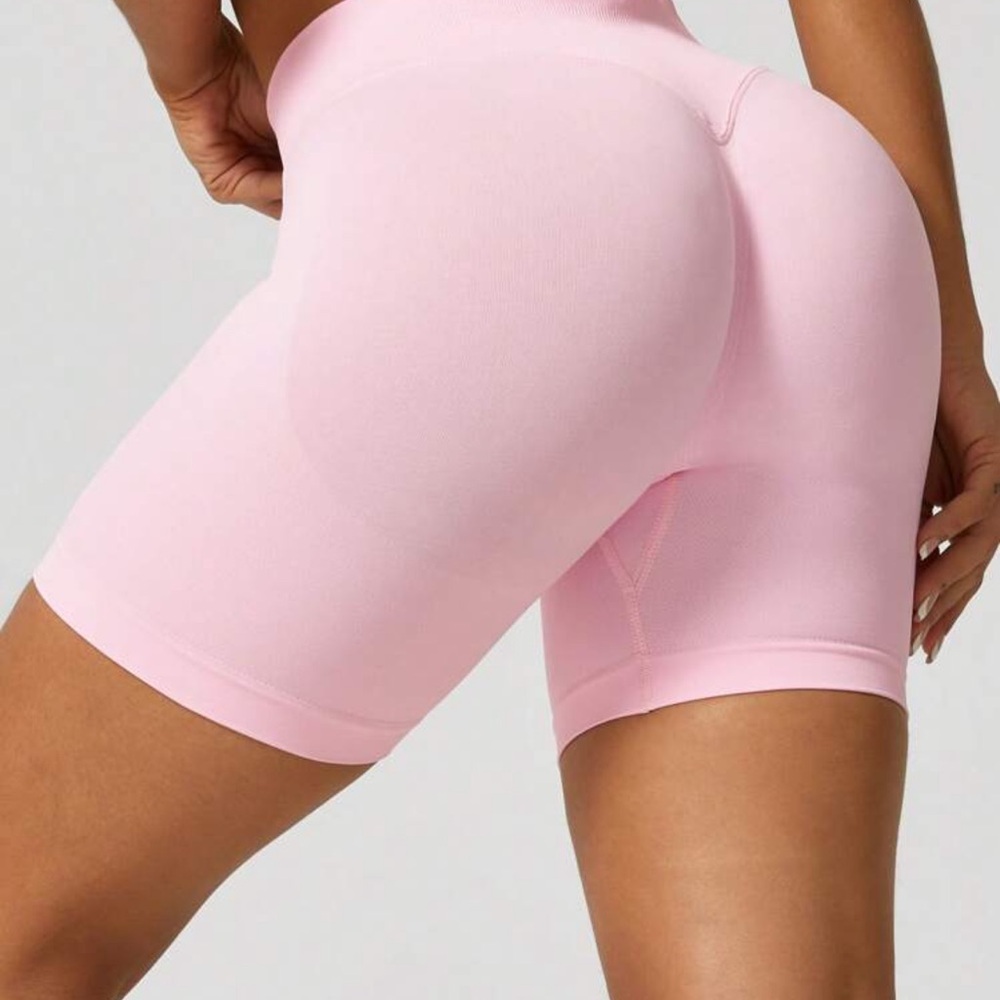 Women's Pink Workout Shorts, Pink Seamless Workout Shorts, Pink Biker Shorts - Picture 5 of 6
